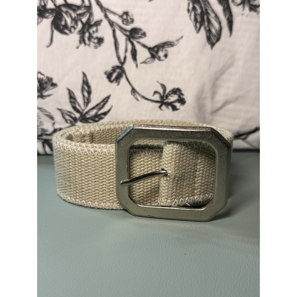 Beige Woven Adjustable Knit Belt Silver Buckle Eyelets L/XL